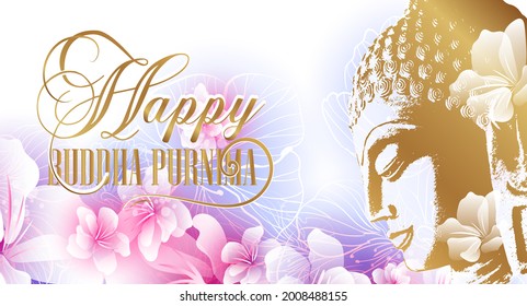 Head of the Lord Buddha under a cherry blossom. Sakura petals and flying flowers. Banner in gentle delicate pink colors. Happy Buddha Purnima. Vesak Day