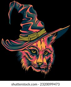 head lynx with witch hat vector illustration on black backgroundbackground. digital hand draw
