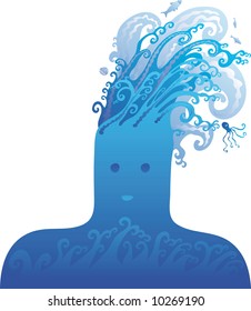 head made of water waves. One of the natural elements