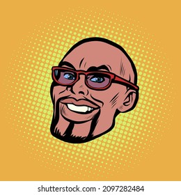 Head male African American portrait. Businessman with glasses, smile happiness. Pop Art Retro Vector Illustration Vintage kitsch 50s 60s Style