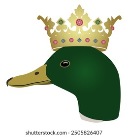 Head of a male mallard wild duck wearing golden royal crown. Funny animal design. Anas platyrhynchos. Drake bird portrait. Isolated vector illustration.