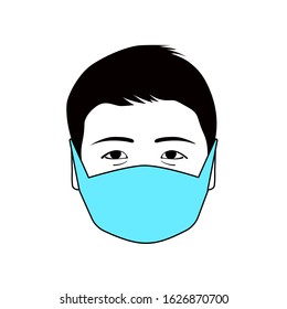 Head of a man, Asian type in a medical mask, protection from the virus. Vector isolated image.