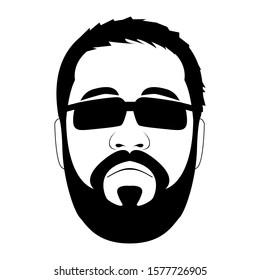 Head of man with beard, glasses, mustache isolated on white background. Important, disgruntled, brutal man, face icon. Vector stock illustration.  