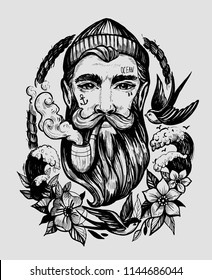 Head Of A Man With A Beard And A Smoking Pipe. Character Of A Sailor. Tattoo Or Print. Hand Drawn Illustration Converted To Vector