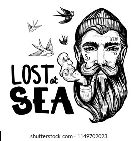 Head of a man with a beard and a smoking pipe. sailor. Tattoo or print. Hand drawn illustration converted to vector