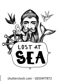 Cabeza de un hombre con barba y pipa humeante. С de un marinero. Ilustración dibujada a mano convertida en vector