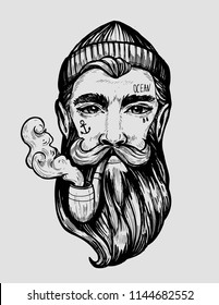 Head of a man with a beard and a smoking pipe.Character of a sailor. Tattoo or print. Hand drawn illustration converted to vector