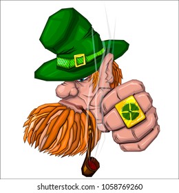 head of a man in a big green hat with a red beard and a smoking pipe in his mouth shows his hand with a ring on his finger
