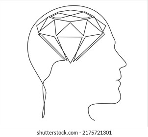 Cabeza de un hombre con brillante, diamante adentro, dibujado en una línea sobre un fondo blanco. Concepto de pensamientos de riqueza, pensamiento de millones de dólares. Dibujo de una línea. Línea continua. 