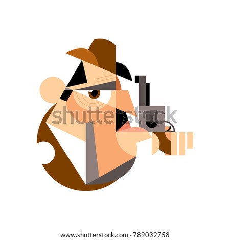 The head of a man in a brown hat and with a gun