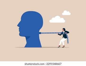 Cabeza de un hombre encadenado de cadena pesada. Concepto de esclavitud, prisión o depresión. Ilustración vectorial plana