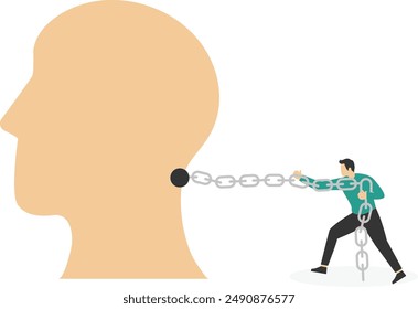 Head of a man chained with heavy chain. Concept of slavery, prison or depression. Flat vector illustration

