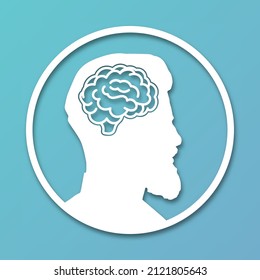 The head of a man is in a circle. Paper cut style icon with shadow. Medical concept icon of diseases of the brain, psychological disorder. Vector illustration