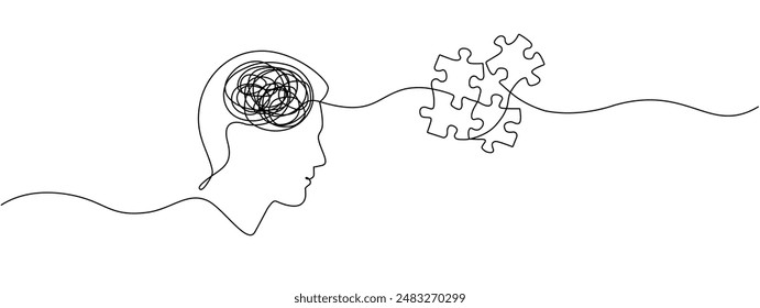 Head of a man with confused thoughts in his head going into assembled puzzles drawn by one continuous line. Concept of mental health, education, psychology. Vector editable line illustration