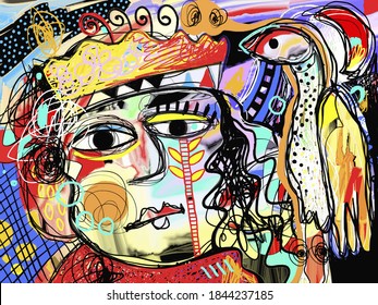 Head of a man in a crown and a bird - abstract modern art, interior design, painting poster vector illustration