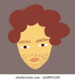 Head Of A Man With Curly Hair And Stubble. Young Guy In Brown Eyes. Color Flat Vector Illustration.