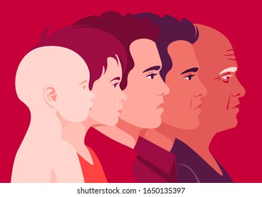 The head of a man of different ages in profile. Child and adult face side view. Childhood, youth and old age. Vector flat illustration