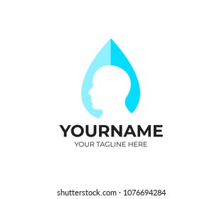 Head man in drop of water, logo template. ?leanliness, health and medical, vector design. People, human and nature, illustration