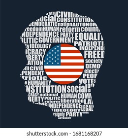 Head of man filled by word cloud. Words related to politics, government, parliamentary democracy and political life. Flag of the USA