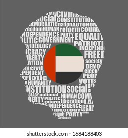 Head of man filled by word cloud. Words related to politics, government, parliamentary democracy and political life. Flag of the United Arab Emirates