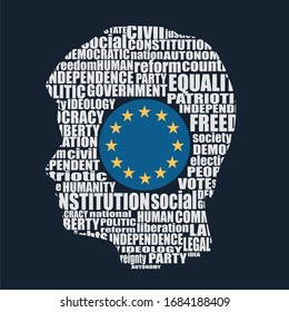 Head of man filled by word cloud. Words related to politics, government, parliamentary democracy and political life. Flag of the European Union