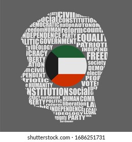 Head of man filled by word cloud. Words related to politics, government, parliamentary democracy and political life. Flag of the Kuwait