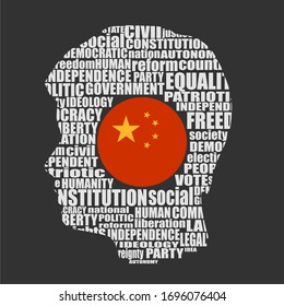 Head of man filled by word cloud. Words related to politics, government, parliamentary democracy and political life. Flag of the China