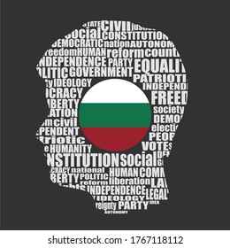 Head of man filled by word cloud. Words related to politics, government, parliamentary democracy and political life. Flag of the Bulgaria