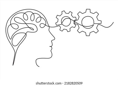 Head of a man and gears , drawn in one line on a white background. One-line drawing. Continuous line. Vector