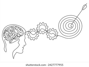 Cabeza de hombre y engranajes, dibujado en una línea sobre fondo blanco. Dibujo de una línea. Línea continua. Vector	