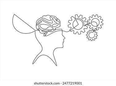 Cabeza de hombre y engranajes, dibujado en una línea sobre fondo blanco. Dibujo de una línea. Línea continua. Vector
