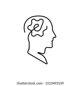 Head of a man with gears inside, drawn in one line on a white background. One-line drawing. Continuous line. Vector