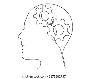 Head of a man with gears inside, drawn in one line on a white background. One-line drawing. Continuous line. Vector