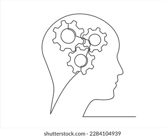 Head of a man with gears inside, drawn in one line on a white background. One-line drawing. Continuous line. Vector