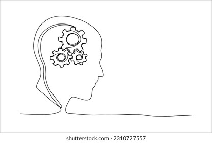 Head of a man with gears inside, drawn in one line on a white background. One-line drawing of logic, mind, thinking. Continuous line. Vector illustration.