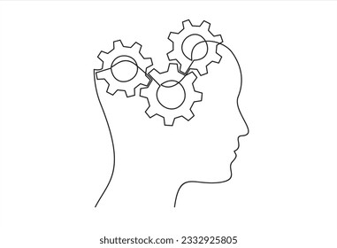 Cabeza de un hombre con los engranajes dentro, dibujado en una línea sobre un fondo blanco. Dibujo de una línea. Línea continua. Vector
