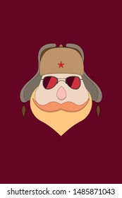 The head of a man with glasses and a cap with earflaps on a red background.