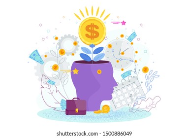 From the head of a man grows a money tree. Financial growth business concept. Dollars grow in a flower pot. Business metaphor, success and prosperity. Financial literacy. Flat cartoon illustration.