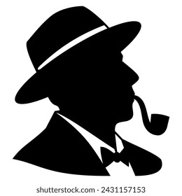 Head of man in hat and classic suit with smoke pipe, detective. Silhouette for avatars, user profiles. Designed to good fit in square and circle. Vector clipart isolated on white.