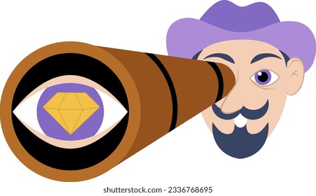 The head of a man in a hat looking through a spyglass. Treasure hunt, vector illustration in flat style