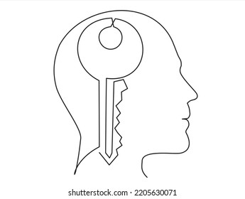The head of a man with a key is drawn by a single black line on a white background. Continuous line drawing. Vector illustration.