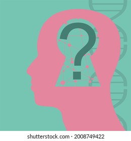 Jefe de hombre con tecleos, signo de interrogación y cadena dna