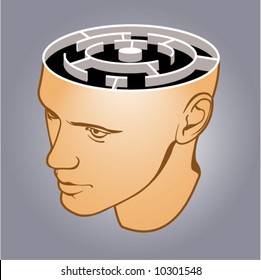 Head of the man with a labyrinth on grey background