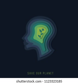 The head of a man and layers in the form of a paper style. Vector illustration. ecology concept