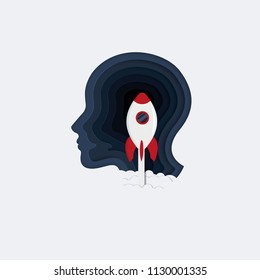 The head of a man and layers in the form of a paper style. Vector illustration. Night sky rocket