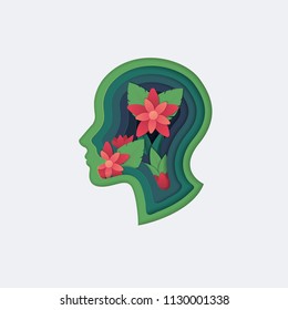 The head of a man and layers in the form of a paper style. Vector illustration. ecology concept. Flowers and silhouette