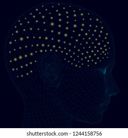 Head of a man with lights. A polygonal human head with a multitude of small yellow lights forming the brain and the human thought process. 3D Vector illustration.