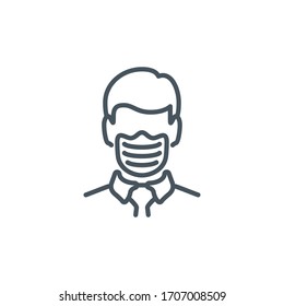 head man in medical mask single line icon isolated on white. Perfect outline symbol Coronavirus Covid 19 disease prevention pandemic banner. Quality design element quarantine with editable Stroke