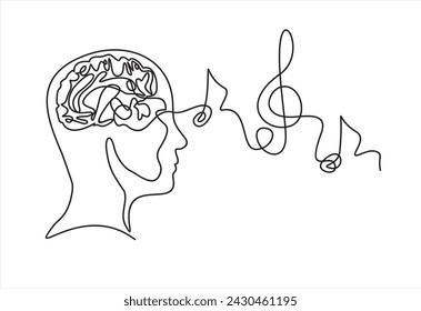 Head of a man with a music notes vector.Continuous one line.