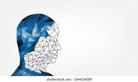 head of man polygon blue banner on white gray background. brain creative thinking system process. human business technology abstract background vector illustrations